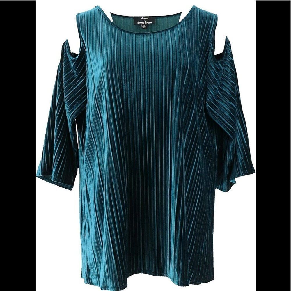 DENNIS by Dennis Basso Teal Pleated Stretch Velvet Cold Shoulder Top , size 1X.
